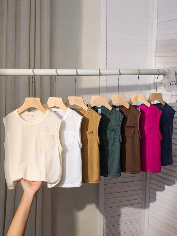 SHEIN Set de 7 piezas Chaleco de punto sin mangas de unicolor con cuello redondo para niños, conjunto de 7 estilos diferentes adecuados para ir a trabajar, la escuela, el uso diario casual, los viajes, los deportes, la primavera/verano/otoño/invierno