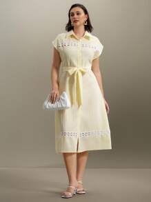 Flouryn 热销女士休闲优雅编织纹理纯色拼布镂空蕾丝花领系腰蝴蝶袖中长宽松连衣裙，加大码，夏季 - 杏色 - 查看 3