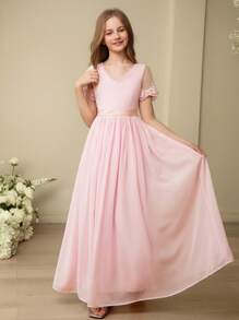 SHEIN 青少年女孩夏季优雅纯色网眼拼布连衣裙 - 粉色 - 查看 1