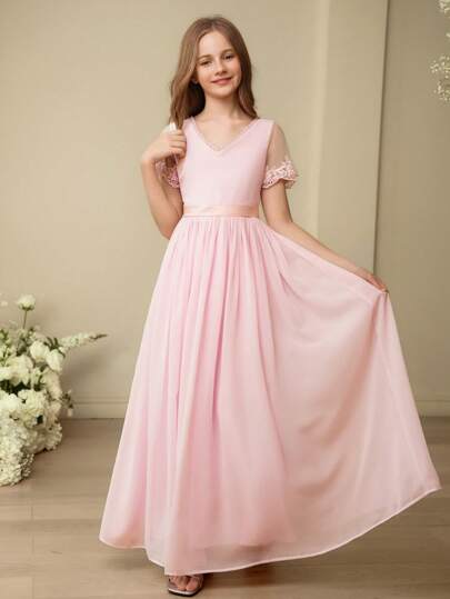 SHEIN 青少年女孩夏季优雅纯色网眼拼布连衣裙