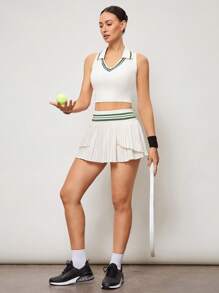 Activina 女士日常/健身条纹领无袖 Polo 衫 - 米色 - 查看 3