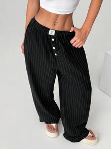 Solflare Striped Patch Decor Straight Leg Casual Pants, Plus Size