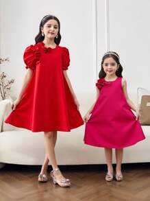 SHEIN Vestido holgado de línea A con cuello redondo, mangas abultadas y volante en el bajo para niña preadolescente, estilo elegante y casual para resort, color rojo