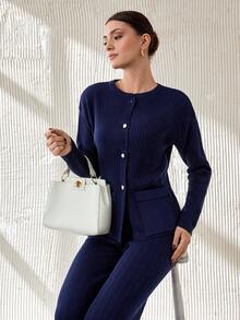 RueChic 2pcs Women Ribbed Knitted Cardigan And Pants Set,Co Ord,Winter Clothes - Black - View 5