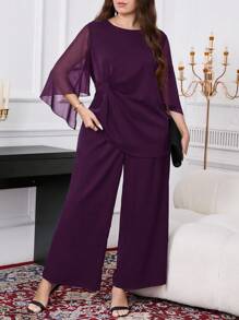 Reflora 大码女式纯色腰部褶皱喇叭袖衬衫和阔腿裤两件套 - 紫色 - 查看 5