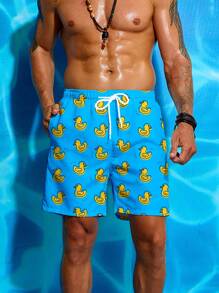 Manfinity Swimmode Men's Cartoon Duck Print Pocket Drawstring Waist Beach Shorts, Suitable For Summer Men Swim Trunks Casual Outdoor Beach Shorts - Blue - View 4