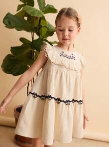 Ontre Loose Casual Embroidered Floral Ruffle Hem Young Girl Dress - Khaki - View 5