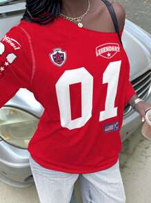 Slaydiva Red Oversized Off-Shoulder Short Sleeve T-Shirt With Minimalist Figure 01 Print, Spring/Summer 2025 - Multicolor - View 4