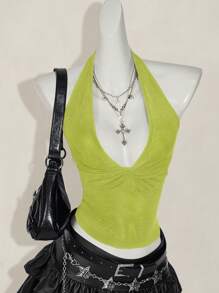 SHEIN ICON Canotta casual con scollo a V profondo e collo annodato, di moda per l'estate