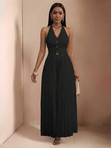 Slaydiva Ensemble deux pièces élégant et sexy pour le printemps et l'été, comprenant un Top à bretelles décolleté en V profond et dos nu, avec un bas jambe large plissé super long. Couleur blanche, en tissu tressé, pour le travail et la vie quotidienne - Noir - Voir 3