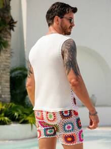 Manfinity Swimmode Men's Bohemian Style Round Neck Sleeveless Knitted Top And Shorts, 2 Pieces Knit Suit Crochet