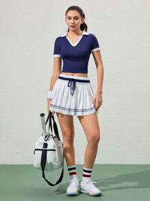 Easithlete Ladies Color Block Turndown Collar Short Sleeve Cropped Sports Polo Shirt - Multicolor - View 4