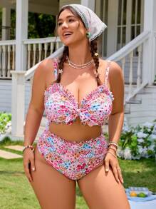 Swim Mod Plus Size Women's 2 Pieces Floral Random Print Ruffled Bikini Top And Beach Shorts Swimsuit Set, Spring/Summer Beach Holiday