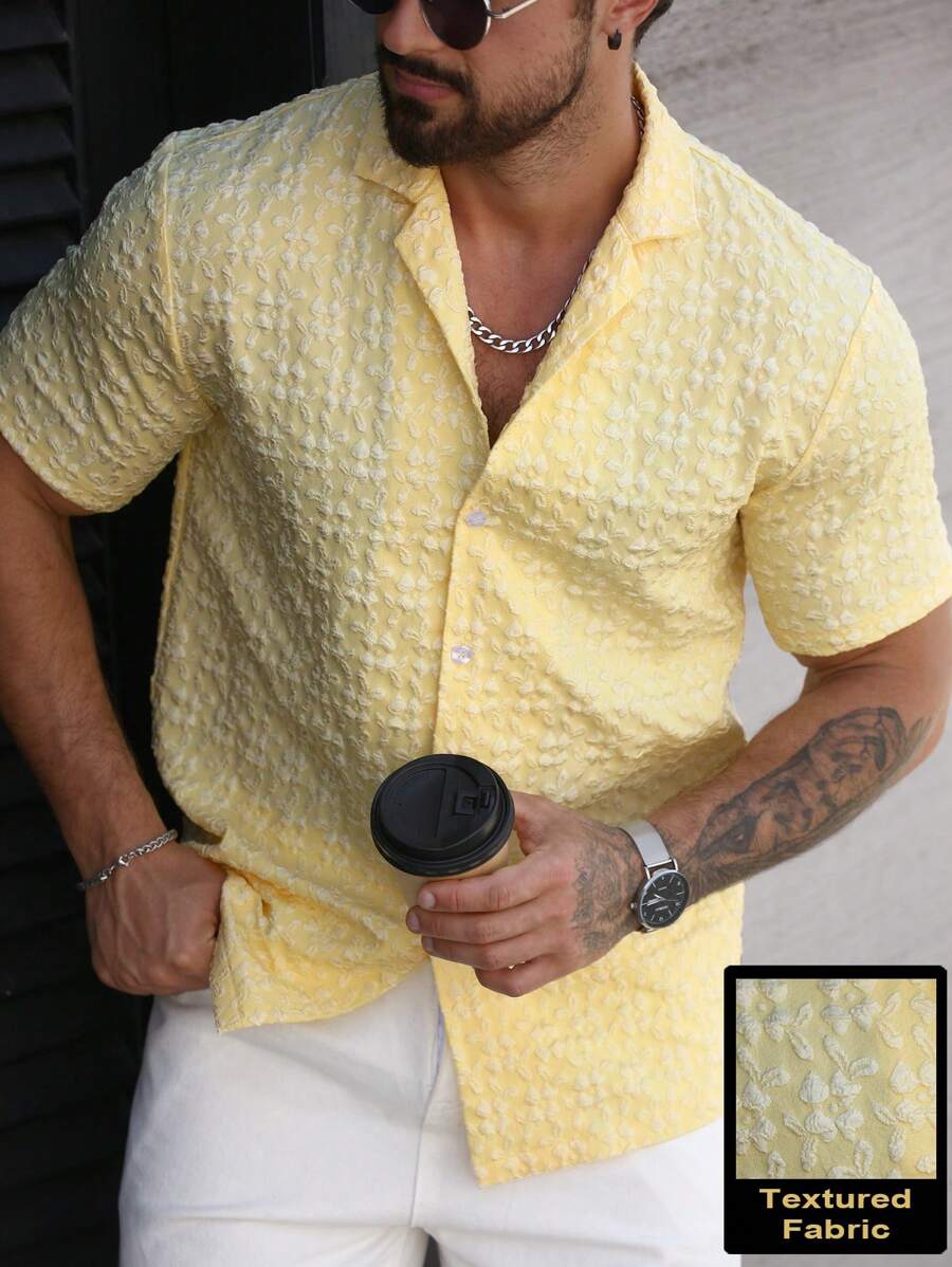 OTTIMOZO Men's Floral Textured Short Sleeve Single-Breasted Fashion Shirt - Yellow - View 1