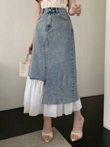 DAZY Women's Elegant Denim Skirt With Mesh Splice Asymmetric Design, Spring/Summer Jeans Skirt - Medium Wash - View 5