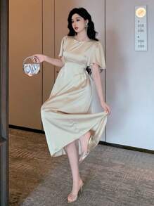 DAZY Elegant Solid Color Round Neck Ruffle Sleeve Long Dress For Women, Summer Prom Dress - Beige - View 5