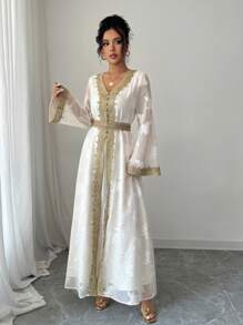 Rafferiza Vestido para mujer con cuello en V, manga larga, paneles de encaje floral dorado - Albaricoque - Ver 5