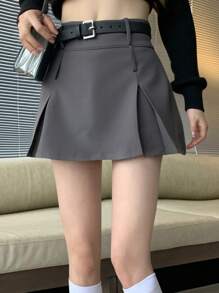 DAZY Women's Casual Solid Color Pleated A-Line Skirt - Grey - View 4