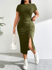 SHEIN Essnce Plus Size Women Spring And Summer Casual Slim Fit Comfortable Slit Gathered Drawstring Army Green Dress, Slim Fit Dress, Summer Women's Clothes, Midi Dress,Long Bodycon Dress,Curve Plus,European Summer - Army Green - View 1
