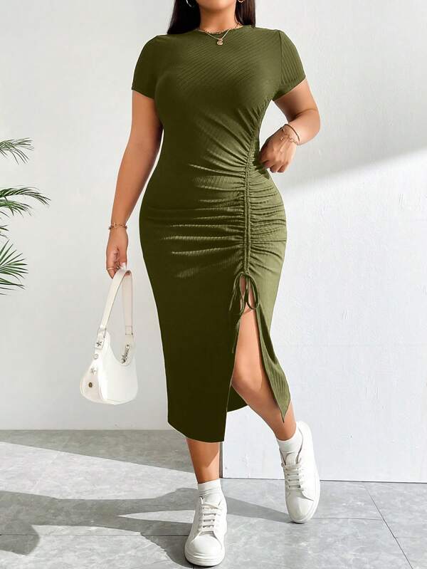SHEIN Essnce Plus Size Women Spring And Summer Casual Slim Fit Comfortable Slit Gathered Drawstring Army Green Dress, Slim Fit Dress, Summer Women's Clothes, Midi Dress,Long Bodycon Dress,Curve Plus,European Summer
