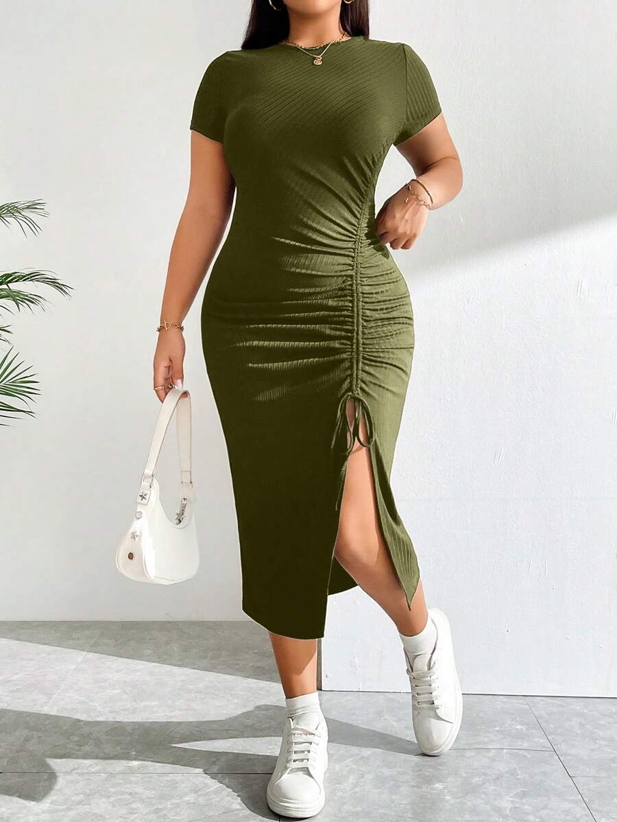 SHEIN Essnce Plus Size Women Spring And Summer Casual Slim Fit Comfortable Slit Gathered Drawstring Army Green Dress, Slim Fit Dress, Summer Women's Clothes, Midi Dress,Long Bodycon Dress,Curve Plus,European Summer - Army Green - View 1