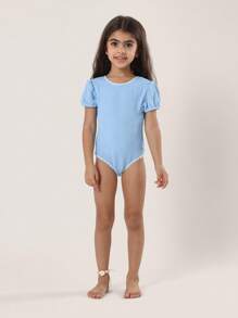 SUMWON Swimming Leotard With Puff Sleeves Retro Style High Coverage Swimsuit Textured Fabric Competition Dancewear Beach Training Practice - Dusty Blue - View 5