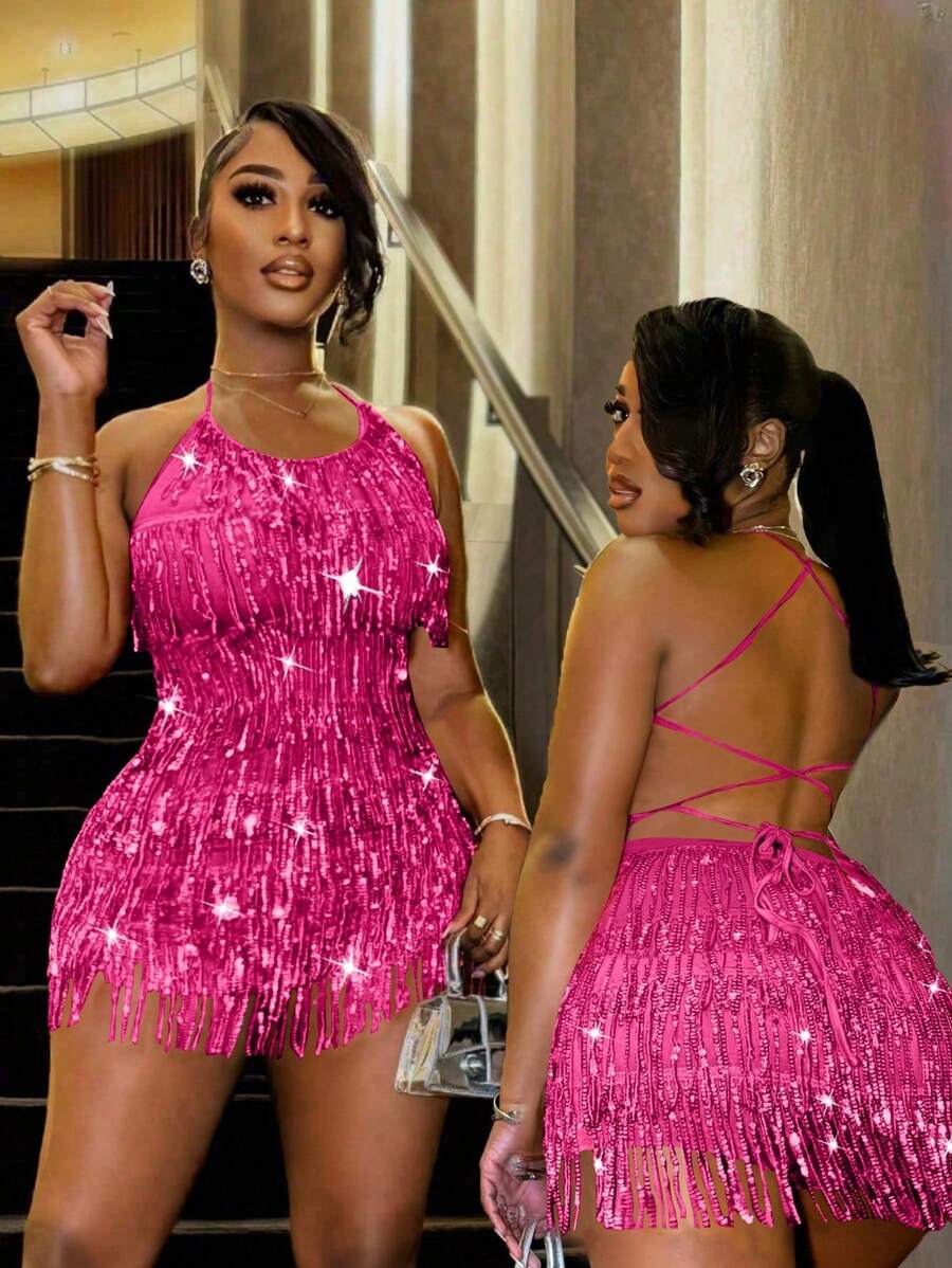 BamGleam New Autumn ,Fall And Winter Women's Fashion Sexy Spaghetti Strap Crisscross Back Tassel Decor Casual Jumpsuit,Christmas Party,New Years Eve,Birthday,Fashionable,Thanksgiving Outfif Women Going Out,Holiday - Hot Pink - View 1