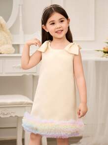 Glamorique Kids Spring/Summer Round Neck A-Line Gradient Ruffle Detail Bowknot Decor Dress - Yellow - View 1
