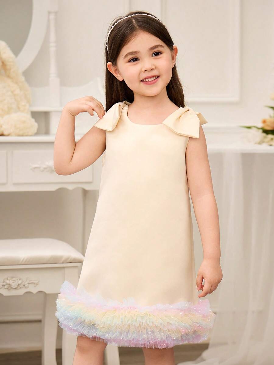 Glamorique Kids Spring/Summer Round Neck A-Line Gradient Ruffle Detail Bowknot Decor Dress - Yellow - View 1