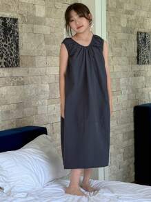 DAZY Tween Girls Sleeveless V-Neck Tank Top Dress, Home Clothes For Tween Girl, Summer,Back To School Clothes - Navy Blue - View 5