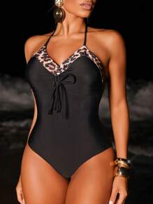 Slaydiva Leopard Print V-Neck Front Drawstring Design Monokini Sexy Fashionable Swimsuit For Summer Beach Vacation - Black - View 7