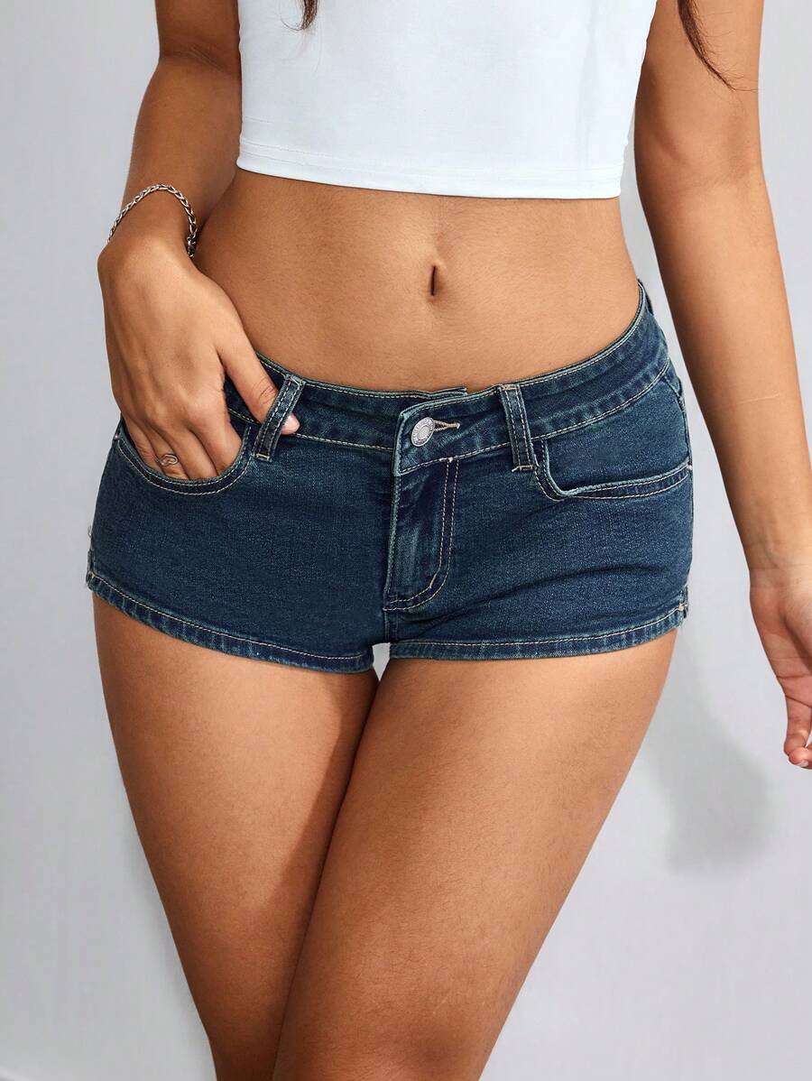 Jeanoix Women's Pocket Detail Low-Waist Skinny Fashionable Sexy Denim Shorts Y2k