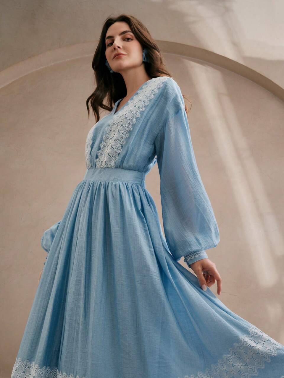 Women's Mid-Length Romantic French Lace Trim Vacation Elegant Color Block Flared Blue Fitted Dress
