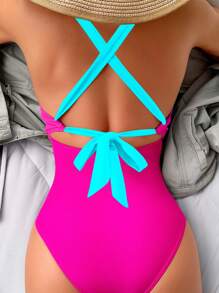 SHEIN Swim 1 件女式双色流苏镂空打结连体泳衣 - 彩色 - 查看 2