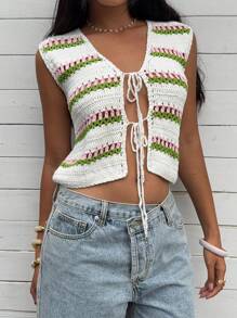 SHEIN EZwear Women's Summer Casual Contrast Striped Drawstring Knit Vest - Multicolor - View 4