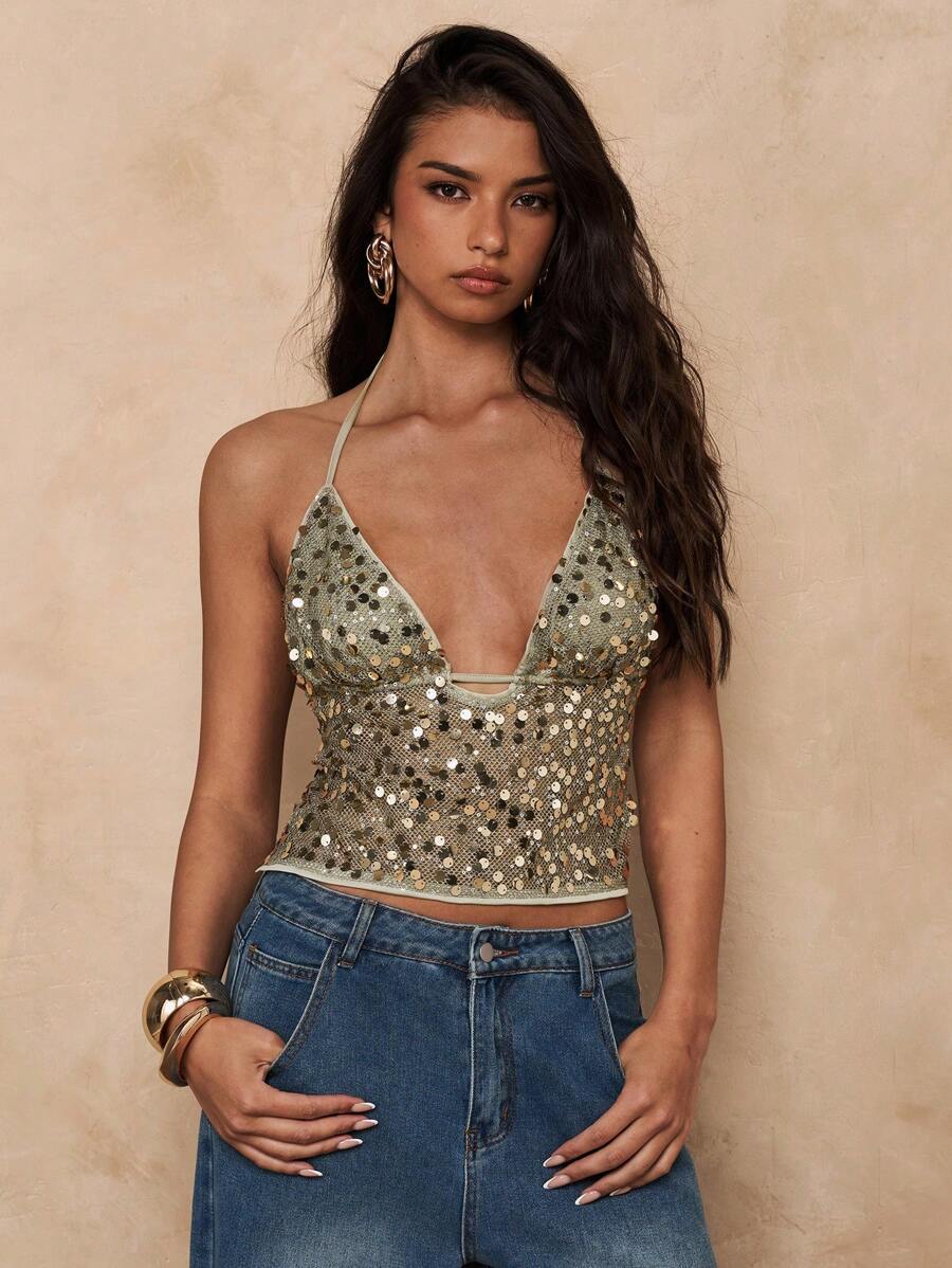 SHEIN BAE Áo hở lưng sequin gợi cảm cho nữ mùa hè - màu xanh lá - Xem 1