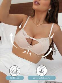 SHEIN Mature & Charming Lace Patchwork Bow-Knot Molded Cup Women Bra - Apricot - View 3
