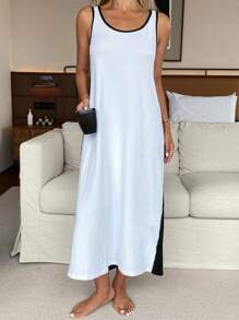 DAZY Women's Simple Color Block Sleeveless Long Dress, Casual Loungewear Pajama - Black and White - View 5