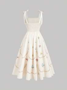 SHEIN MOD Plus Size Women Beige Vintage Floral Print Bowknot Waist Dress, Apricot Base Placement Print Plus Size Women Long Dress,Summer Dresses,Positioning Printing,Short Sleeves,Boho Chic Dress