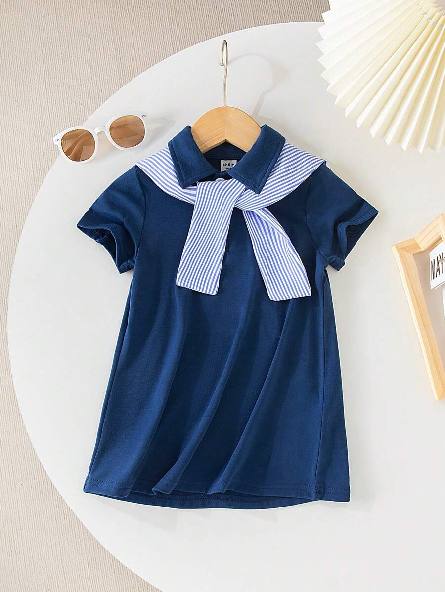 Baby Girls' Short-Sleeved Dress,Navy Blue And White Striped Shawl Design,Lapel Collar POLO Style,Summer,Cute,Back-To-School Casual Outfits - Multicolor - View 1