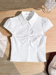 SHEIN Chaqueta corta ajustada con manga corta, cuello y botones para niña preadolescente, estilo universitario, color blanco