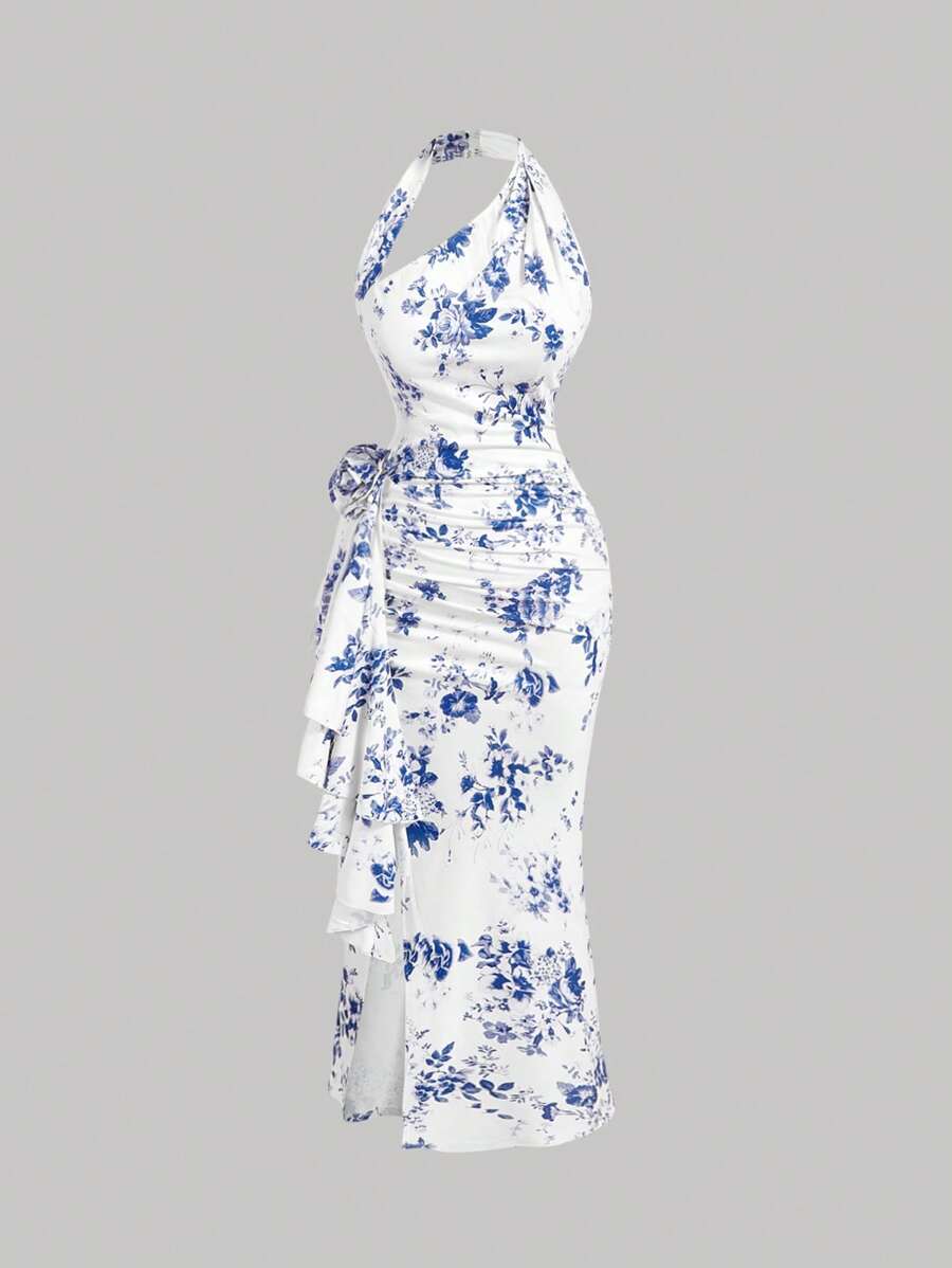 SHEIN MOD 大码女式露肩紧身蓝白印花连衣裙 - 藍白色 - 查看 1