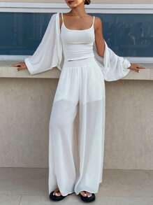 DAZY 3 件套简约针织开衫、吊带裙和裤子女士家居服套装睡衣 - 粉色 - 查看 3