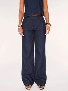 SHEIN BAE 春夏女裤杏色深蓝色牛仔简约时尚低腰阔腿裤休闲日常度假/办公室女装/春季女装/商务休闲女装/夏季下装/外出/牛仔长裤 - 深色水洗藍 - 查看 1