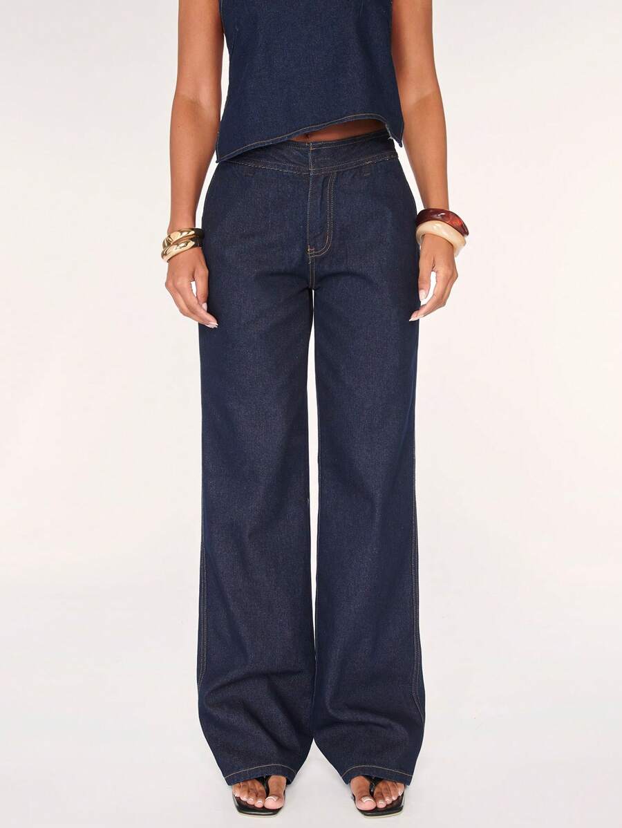 SHEIN BAE 春夏女裤杏色深蓝色牛仔简约时尚低腰阔腿裤休闲日常度假/办公室女装/春季女装/商务休闲女装/夏季下装/外出/牛仔长裤 - 深色水洗藍 - 查看 1