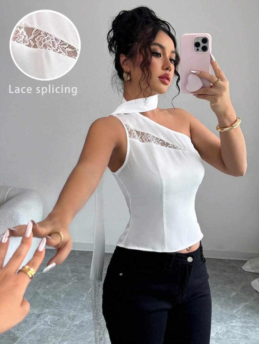 SHEIN Clasi Women's Contrast Lace Elegant Summer Blouse - White - View 1
