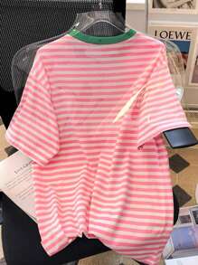 SHEIN 女士粉色条纹圆领多巴胺宽松休闲短袖 T 恤，超大版型打底衫