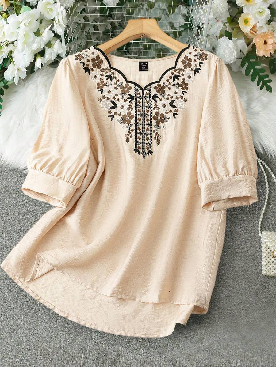 Lacomfia Plus Size Kobiety Haftowane Muszle Wykończenia Dekolt w Serek Eleganckie Arabskie Topy Damskie Tuniki