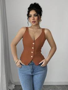 Elenzga Top tipo camisola elegante de unicolor con cuello en V y botón delantero, para el verano - Óxido marrón - Ver 6