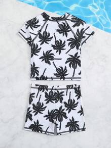 男婴棕榈树印花插肩袖泳衣套装 男婴沙滩装 儿童沙滩装 男童沙滩装 男婴度假装 - 黑與白 - 查看 2